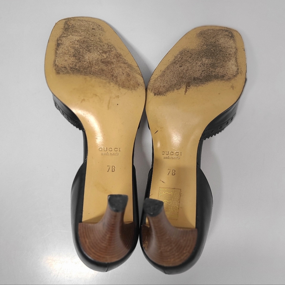 Gucci Vintage Black Leather D'Orsay Wood Heel Pumps Sz 7 - Picture 10 of 12